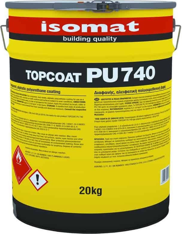 ISOMAT TOPCOAT-PU 740 Διάφανη, Σκληρό-Ελαστική, Προστατευτική Πολυουρεθανική Επίστρωση Ενός Συστατικού 18KG-0