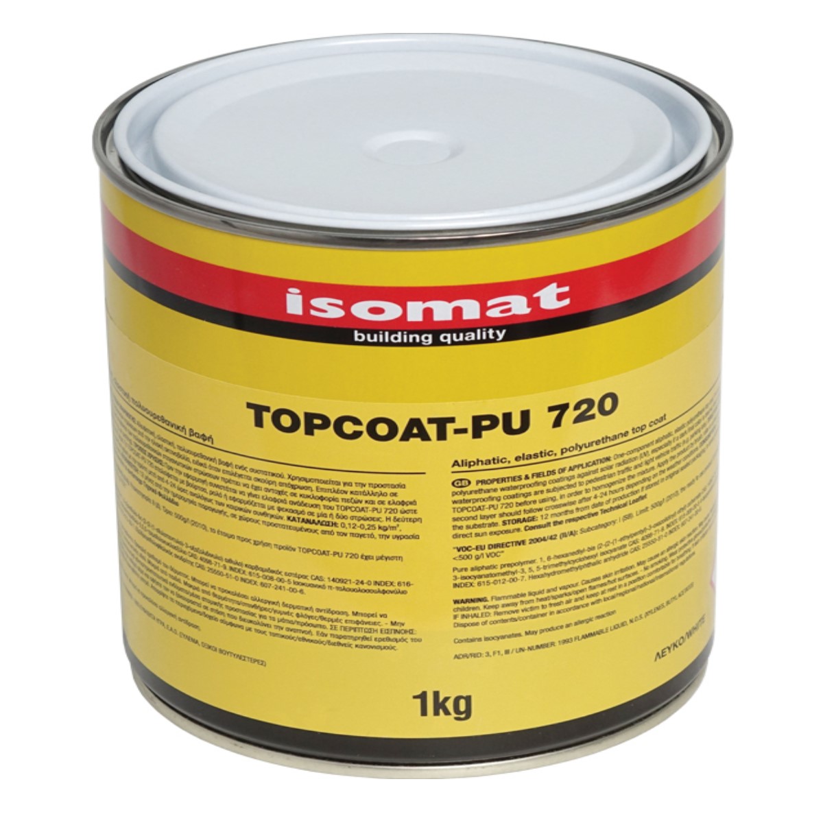 ISOMAT TOPCOAT-PU 720 Έγχρωμη, Ελαστική, Προστατευτική Πολυουρεθανική Επίστρωση Ενός Συστατικού 1KG Λευκό-0