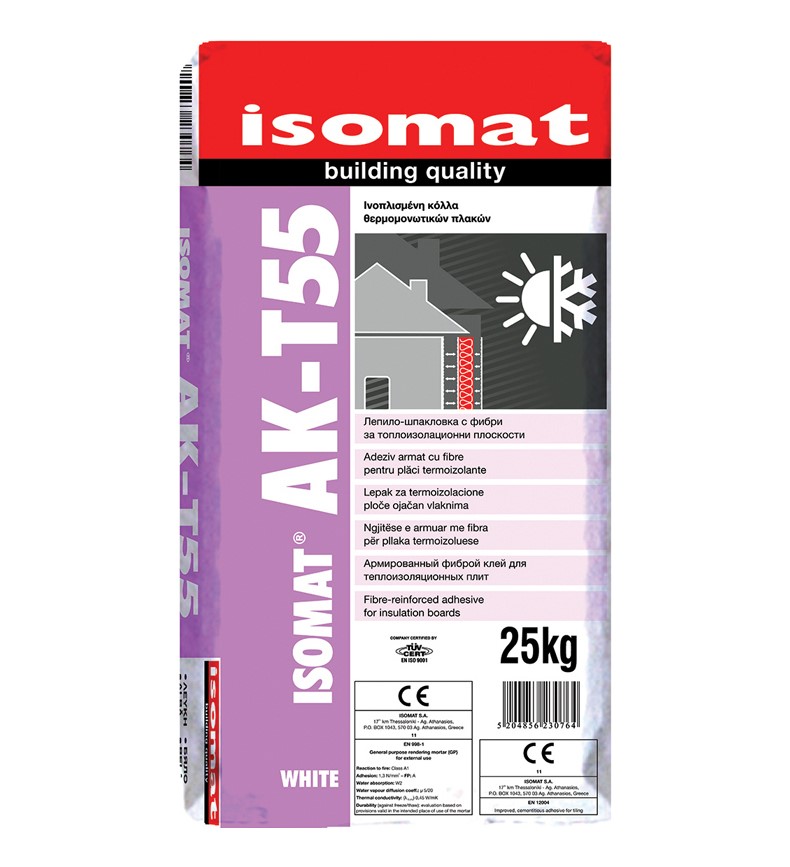 ISOMAT AK-T55 Υψηλής Ποιότητας, Ινοπλισμένη, Ρητινούχα, Τσιμεντοειδής Κόλλα Θερμομονωτικών Πλακών Λευκή 25KG-0