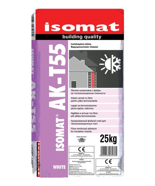 ISOMAT AK-T55 Υψηλής Ποιότητας, Ινοπλισμένη, Ρητινούχα, Τσιμεντοειδής Κόλλα Θερμομονωτικών Πλακών Γκρι 25KG-0