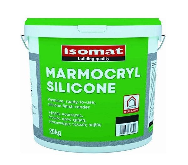 ISOMAT MARMOCRYL SILICONE Fine 1,5 mm Σιλικονούχος, Έτοιμος Προς Χρήση, Εξαιρετικά Υδαταπωθητικός Και Υδρατμοπερατός Σοβάς Λευκό 25KG-0